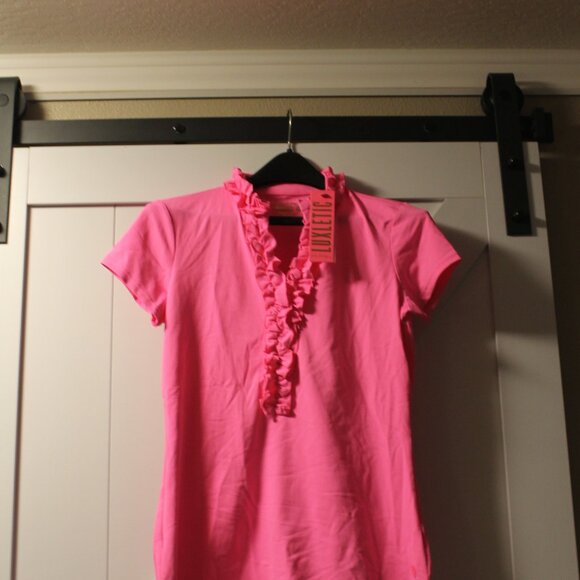 Lilly Pulitzer Sz S LUXLETIC Frida Ruffle Polo Shirt Pink Isle UPF 50+ NWT - Picture 4 of 5